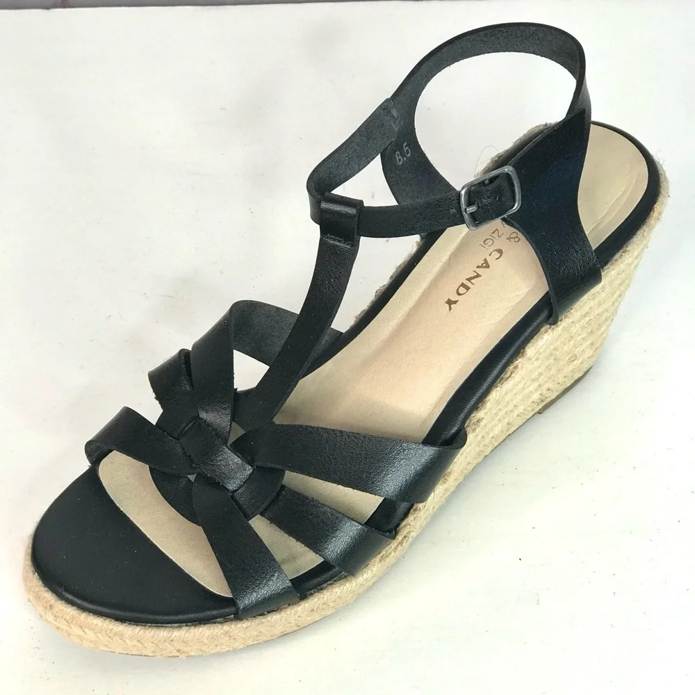 ROCK & CANDY  Fola Espadrille Jute Wrapped Wedge Sandals 8.5 Black faux leather